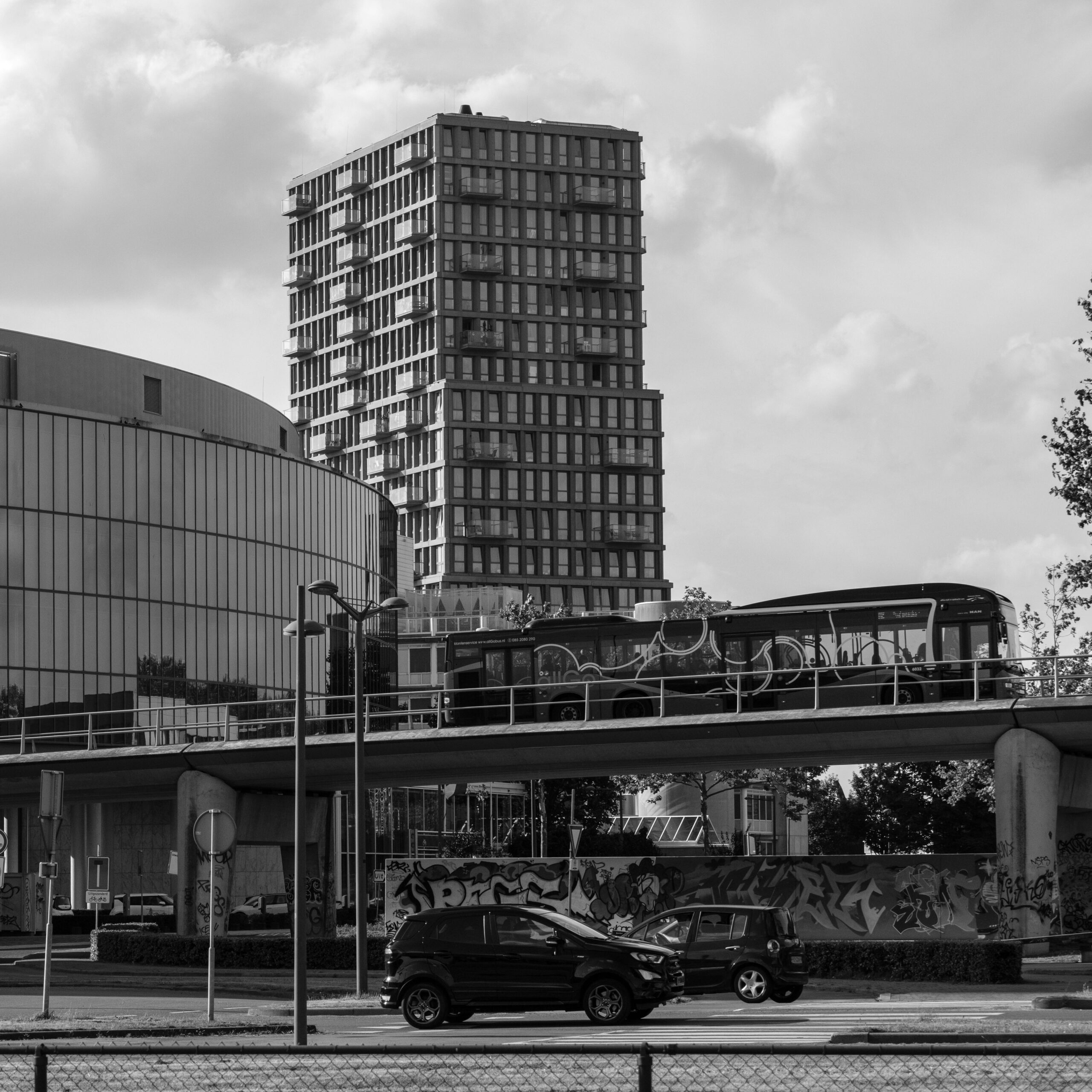 Black and white image of urban architecture and transportation in Almere, Netherlands.